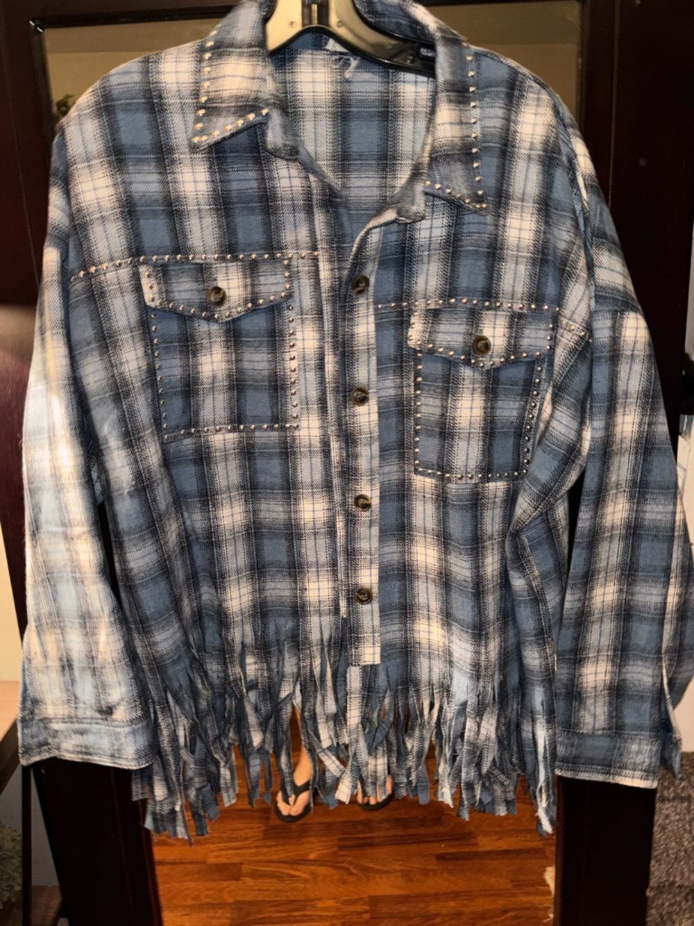 eesome Blue Plaid Studded Fringe Shirt Jacket